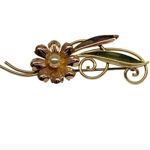 Flower Long Stem Brooch Two Tone 12KT Gold Pin Signed Van Dell Vintage